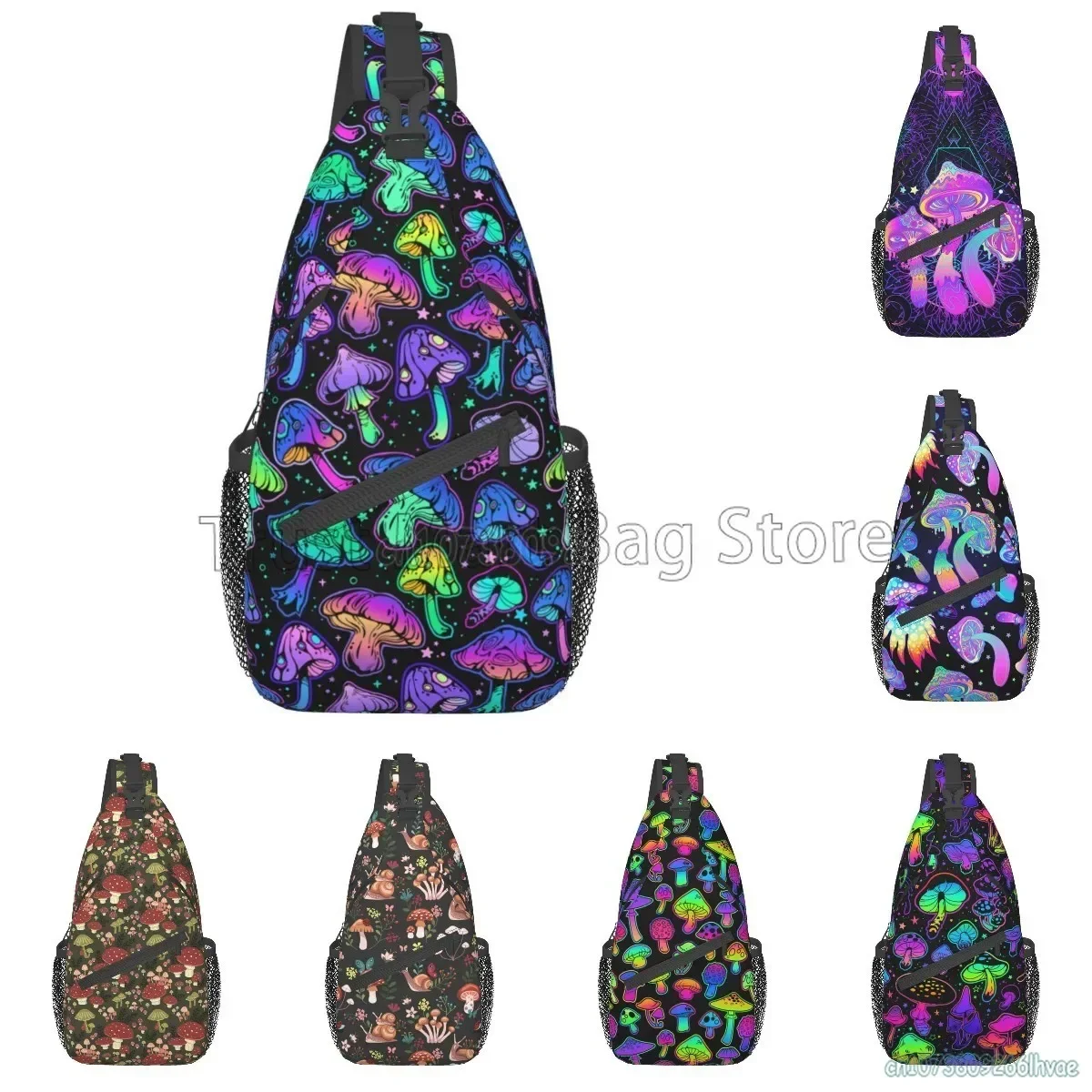 Colorido Magic Mushroom Sling Bag Casual Crossbody Mochila Viagem Caminhadas Daypack Leve Peito Bolsa Bolsas De Ombro Moda