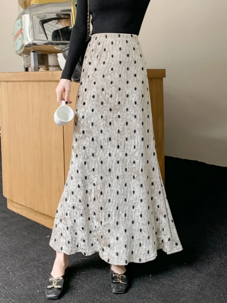 

SMTHMA, новая модная бархатная плиссированная длинная юбка трапециевидной формы с большими качелями, осень-зима 2022, эластичная талия, юбка-русалка с принтом в горошек