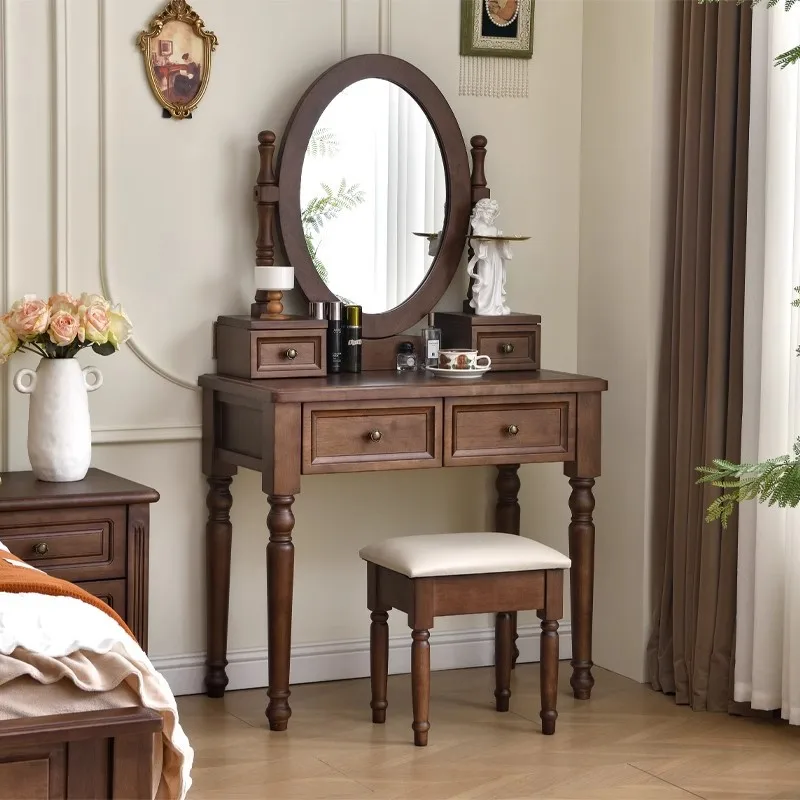 

American retro dresser, bedroom with drawers with mirror with storage box, modern simple solid wood storage makeup table