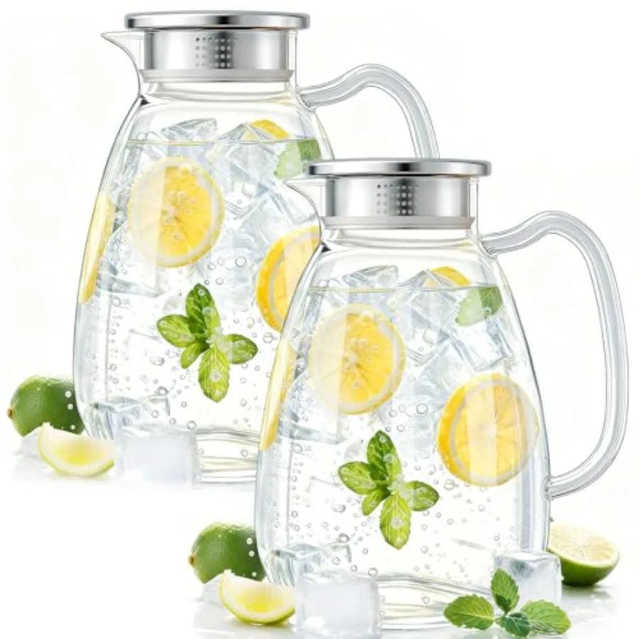 

Glass Pitcher with Lid and Handle.L Borosilicate Glass Water Carafe Stainless Steel Dual-Filter Lid Heat Resistant for Hot/Cold