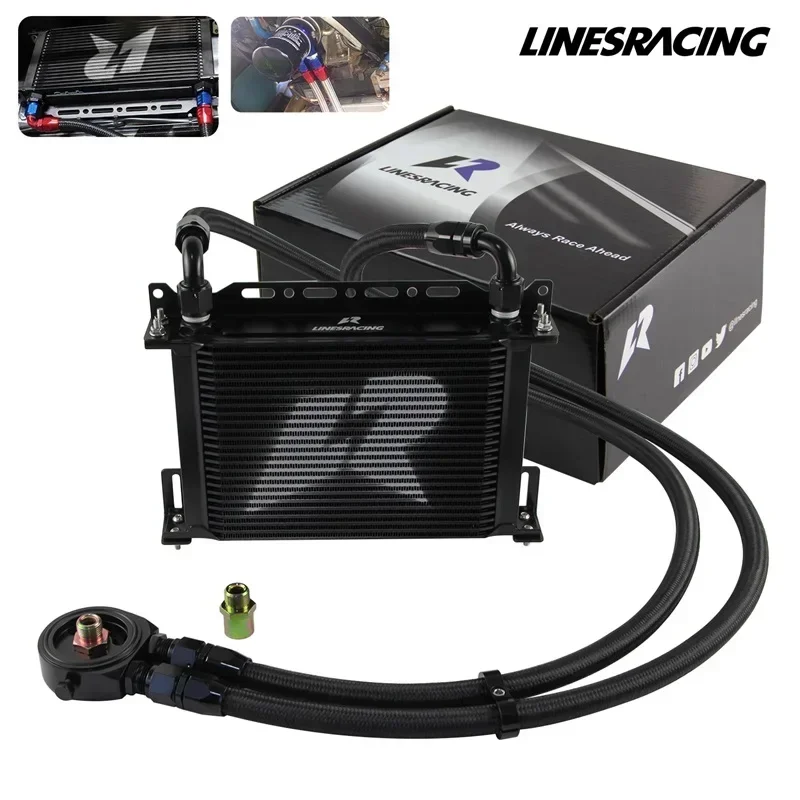 

LR 25 Row AN10 Oil cooler w/Bracket+Filter Adapter Hose Kit 3/4"-16UNF&M20*1.5&1/8"NPT Universal Black