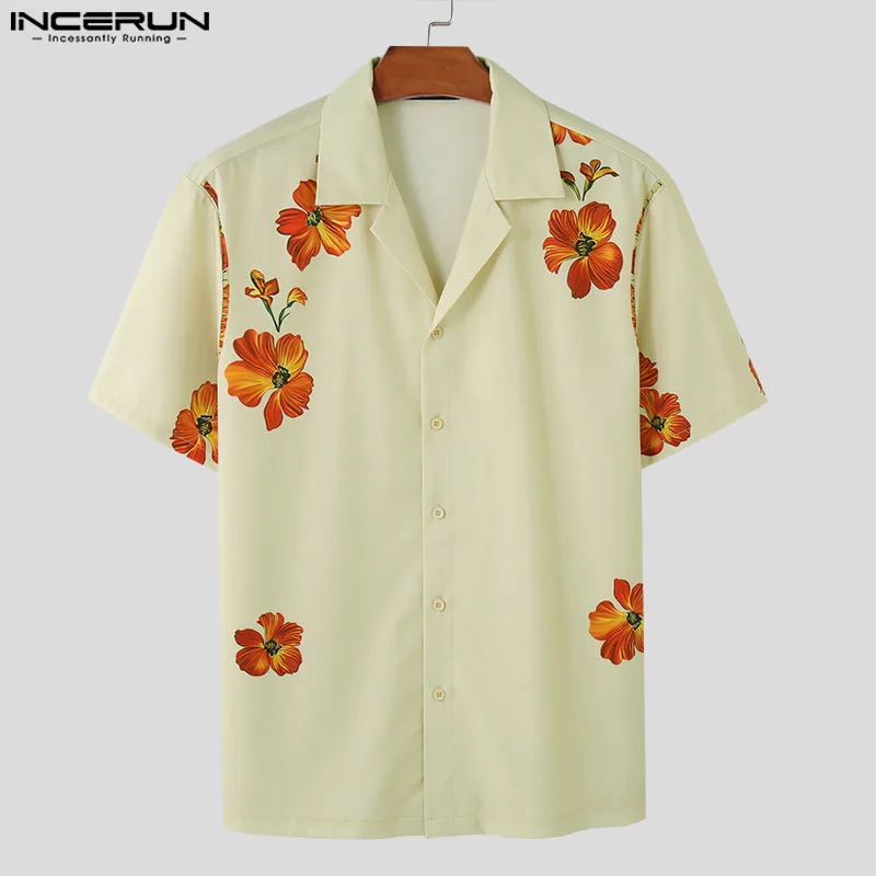 INCERUN Men\'s Shirt Flower Printing Lapel Short Sleeve Streetwear Men Clothing Summer 2024 Vacation Fashion Casual Male Shirts