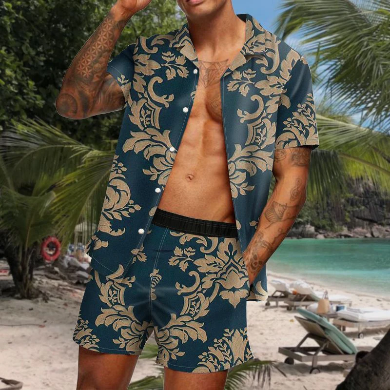 Men\'s Two Piece Summer Men Set High Quality Hawaiian Short Sleeve Shirt with Floral Print Beach Shorts Streetwear Holiday Trip