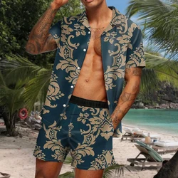 Men's Two Piece Summer Men Set High Quality Hawaiian Short Sleeve Shirt with Floral Print Beach Shorts Streetwear Holiday Trip