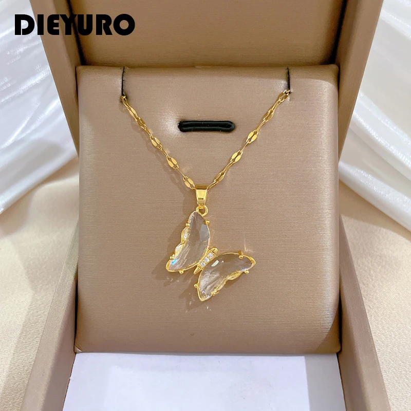 DIEYURO 316L Stainless Steel Butterfly Crystal Pendant Necklace For Women Girl New Trend Luxury Neck Chain Jewelry Gift Party