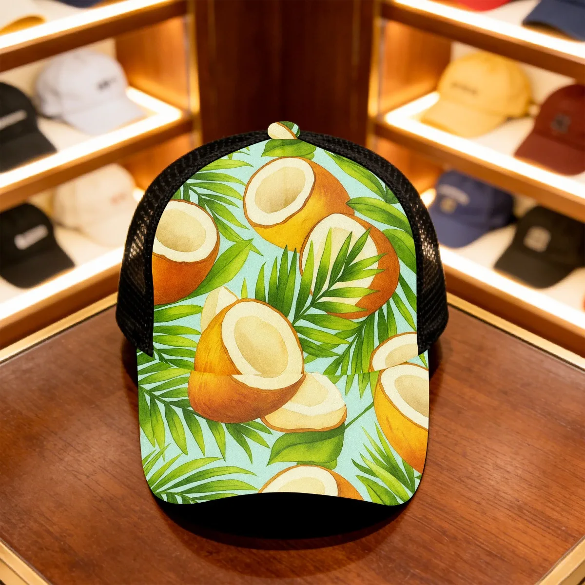 Gorra de béisbol clásica con estampado de coco tropical, gorra deportiva de malla, estilo deportivo, gorra de poliéster ligera perfecta con visera de pico de pato, 1 unidad