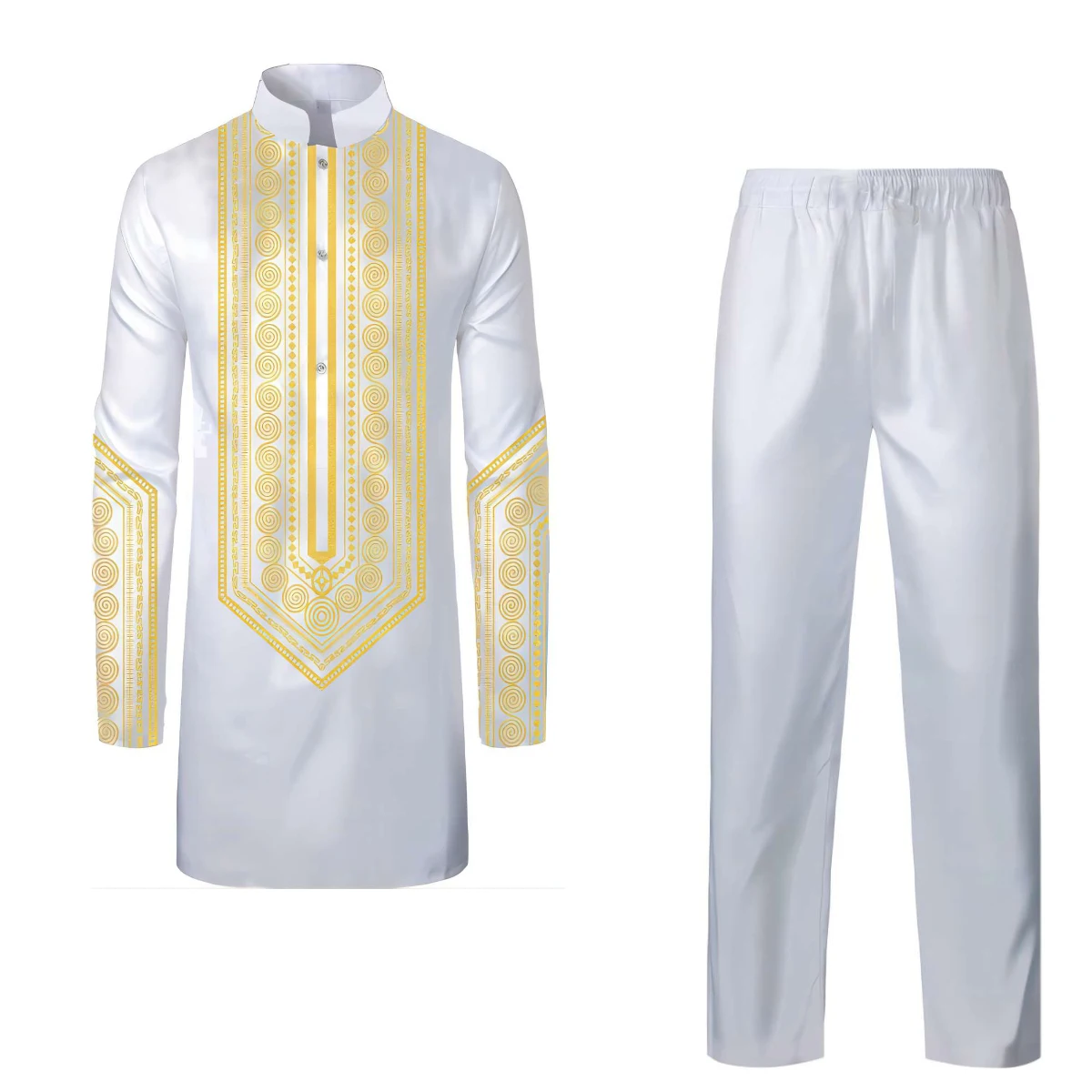 2pcs Men's Outfit, Embroidery Print Stand Collar Long Sleeve Button Up Robe & Drawstring Trousers For Cultural Activities