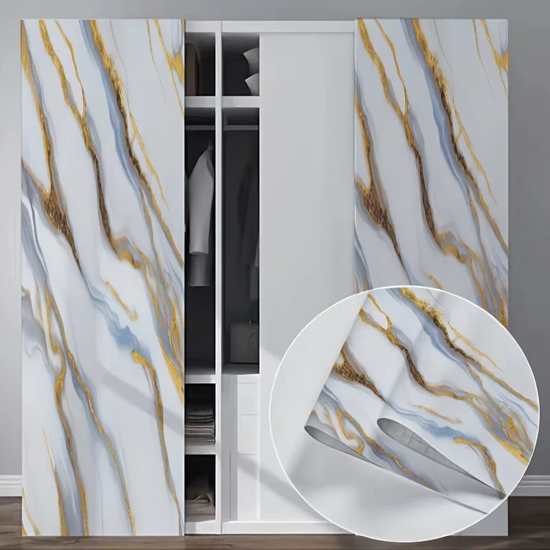 Glossy Gold-Foil Marble-Pattern Wall Sticker Easy To Clean Suitable For Decorating Kitchen Stovetop Countertop And Cabinet.