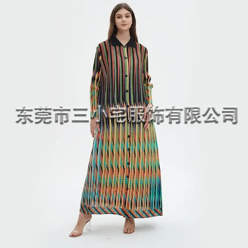 

Pleats Dresses 2024 Spring and Summer New Single-breasted Pleated Elegant Striped Printed Dress Women Cardigan Jacket Clothing