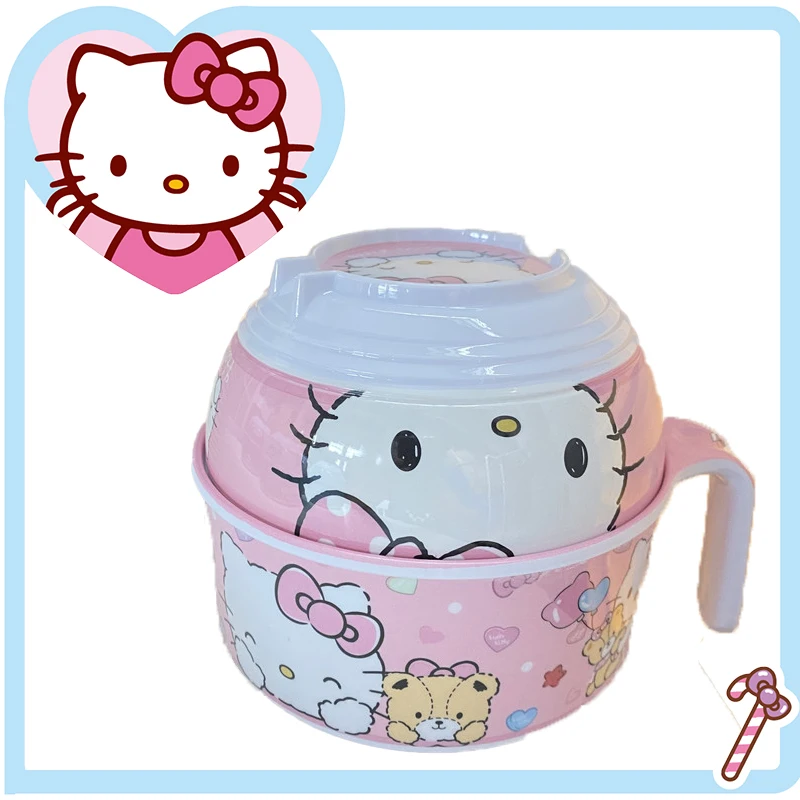 Sanrio Hello Kitty Stuff Instant Noodle Bowl Two Piece Set Kawaii Tableware with Handle Anime Figure Melamine Cartoon Student