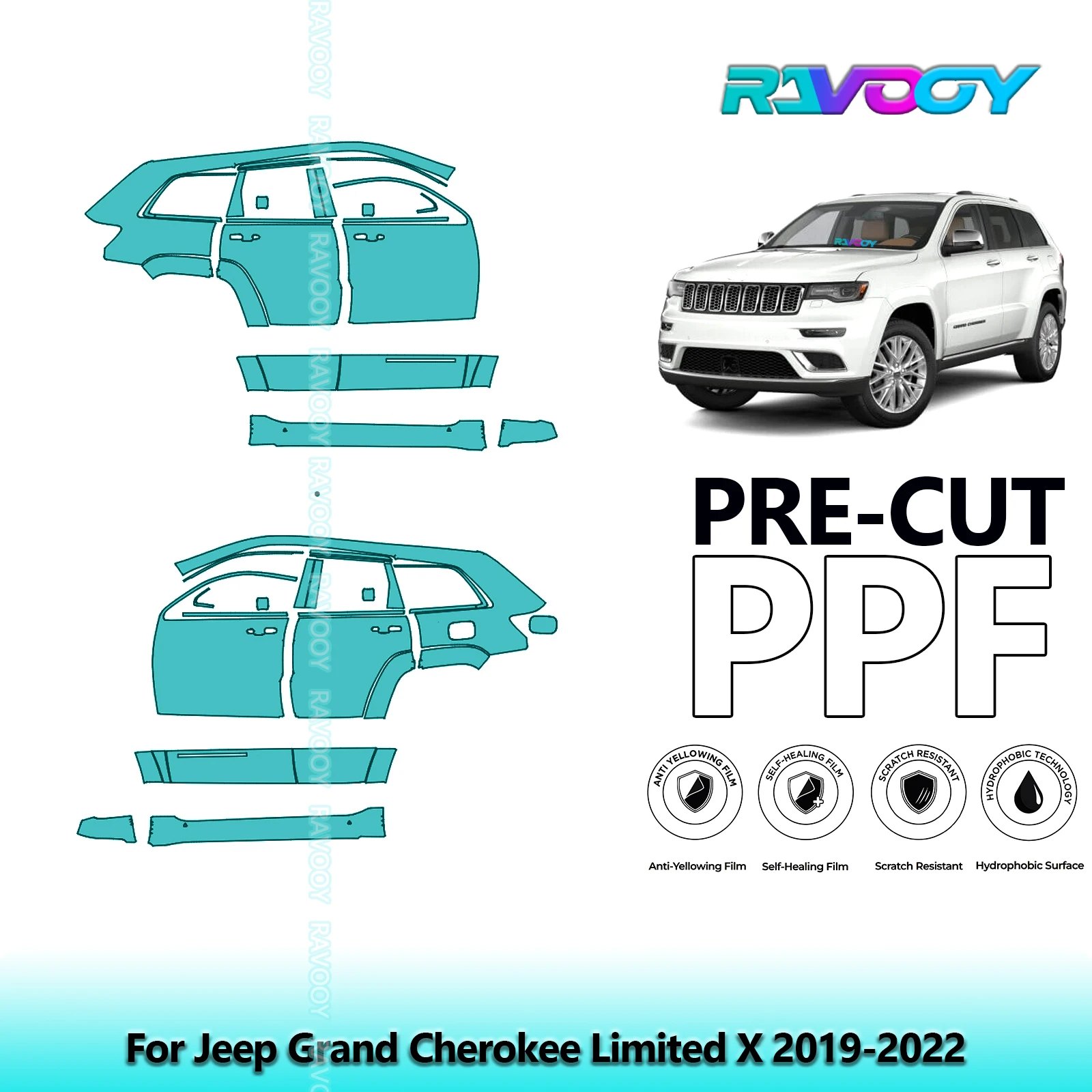 

For Jeep Grand Cherokee Limited X 2019-2022 8.5mil Clear Matte Pre-Cut PPF Door & A/B Pillar Kit TPU Paint Protection Film Set