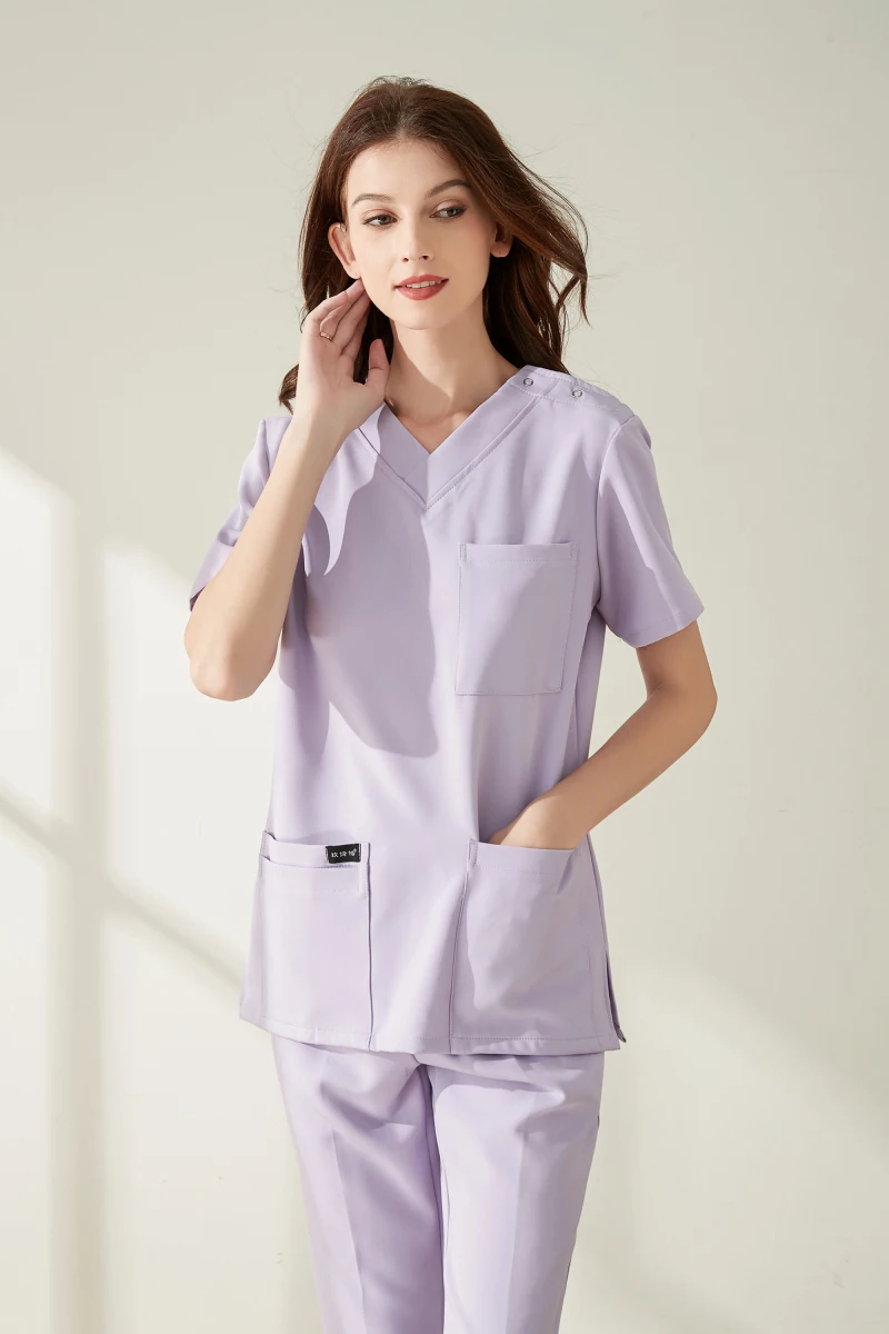 Uniformes de clinique dentaire à manches courtes pour femmes, col en V, facile à porter, vêtements de travail médicaux pour médecin, haute qualité, été