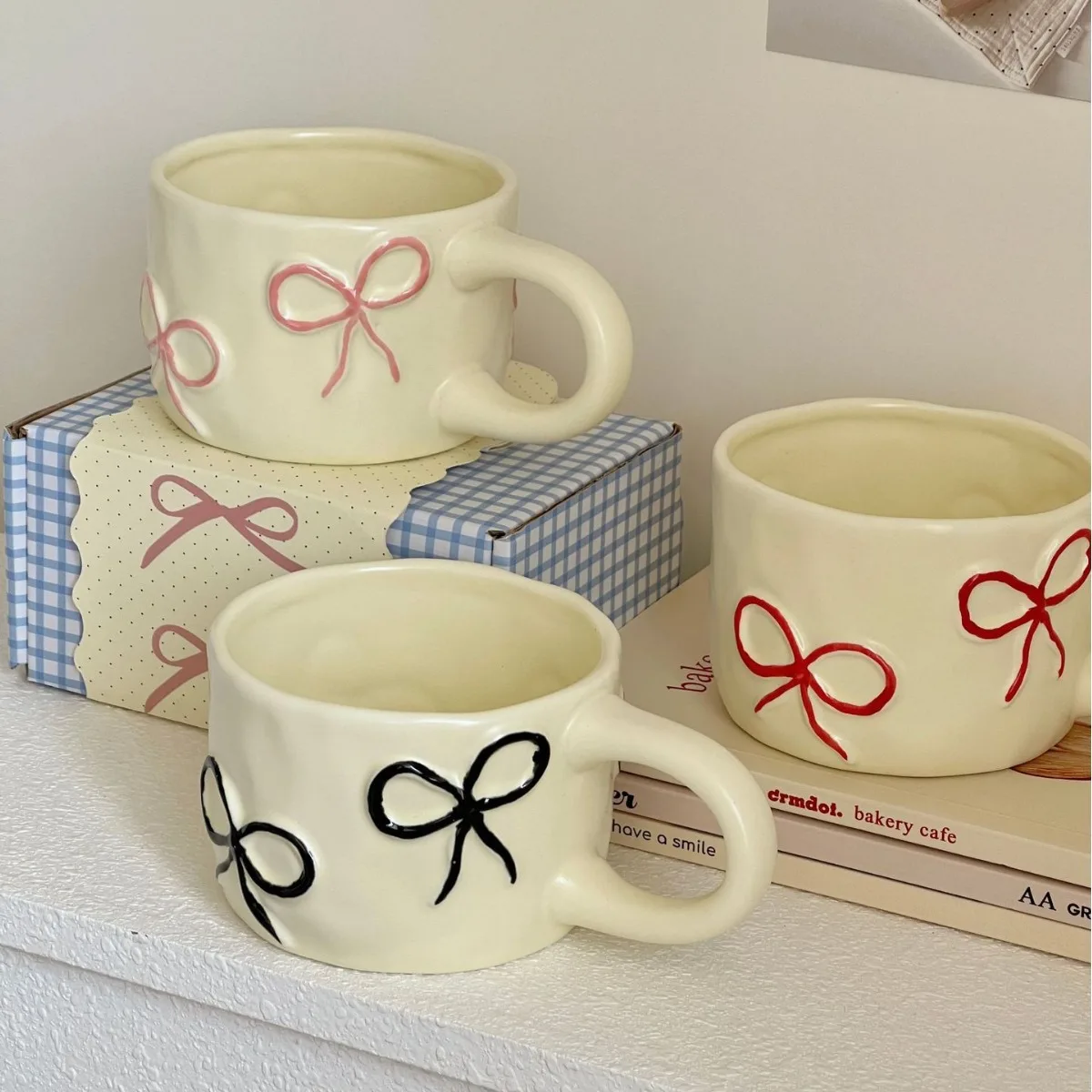 Korean Bow Mugs Girls Ceramic Mug Coarse Porcelain Coffee Cup Couples Teacup Living Room Drinking Mug Birthday Gift