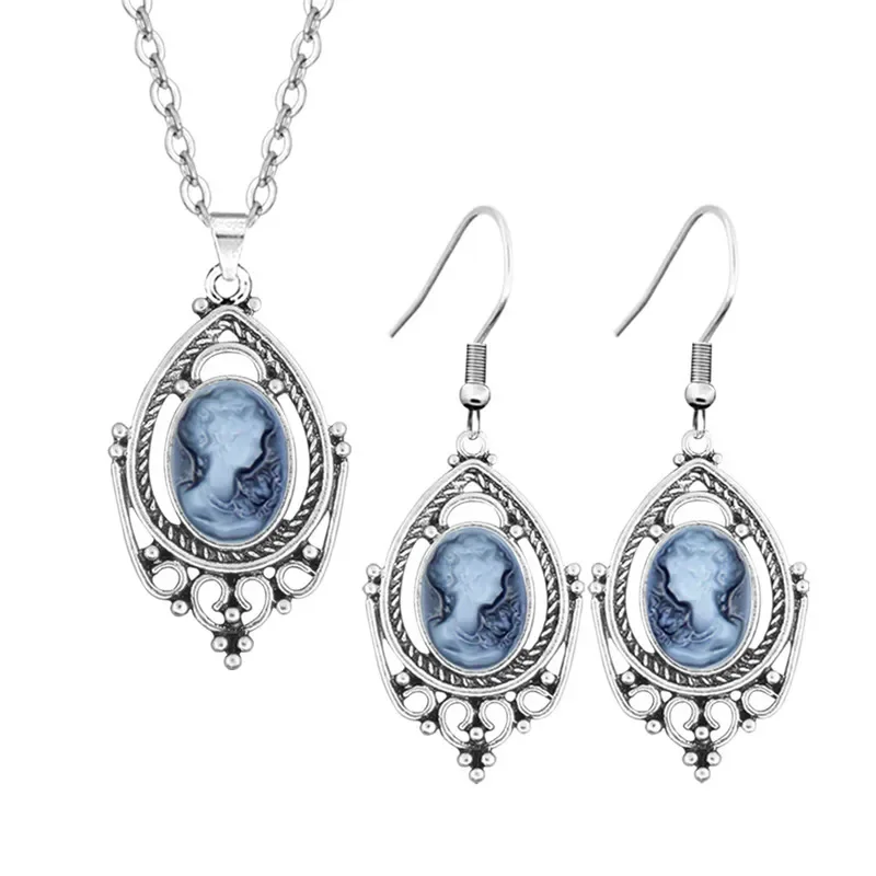 6 Color Water Drop Pendant Lady Queen Cameo Sets For Women Fashion Stainless steel Chain Hook Cameo Necklace Earring Jewelry Set