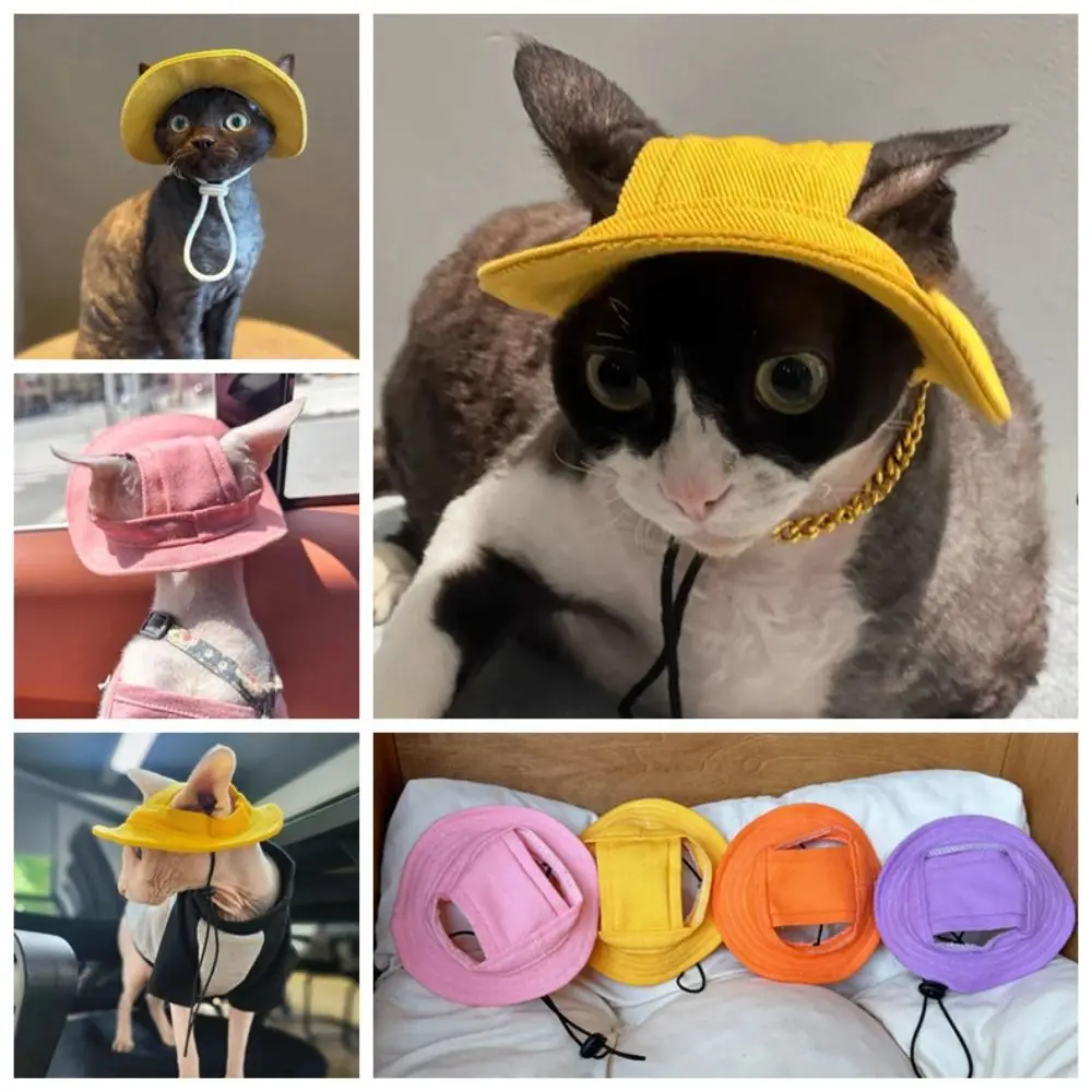 

Fashion Cotton Pet Sunshade Cap Solid Color Adjustable Dog Cat Bucket Hat With Ear Holes Sun Protection Pet Fisherman Hat Travel