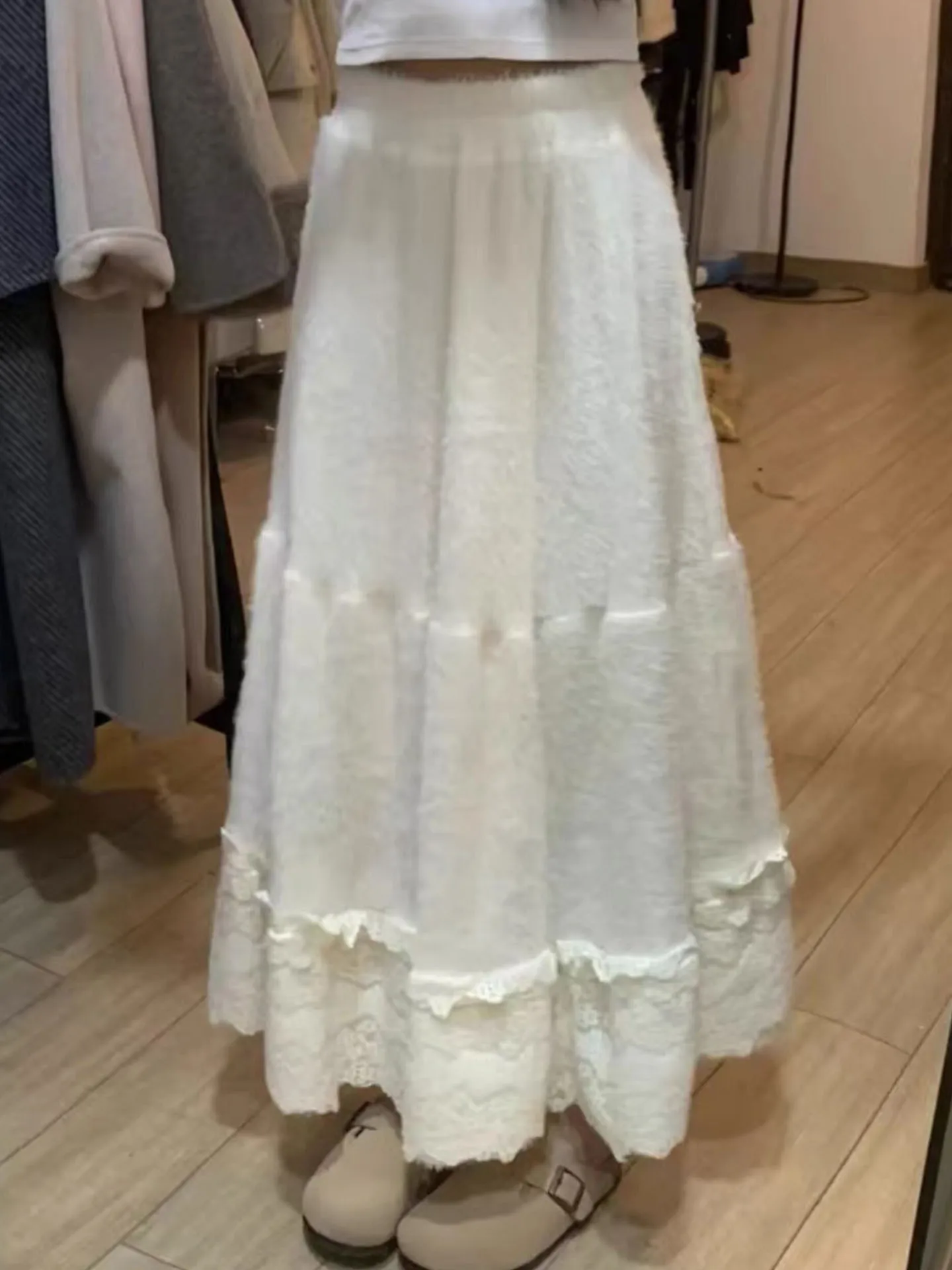 

Меховая кружевная юбка трапециевидной формы, женская эластичная талия, пышная осенне-зимняя теплая юбка-зонтик, супер фея, корейский сле