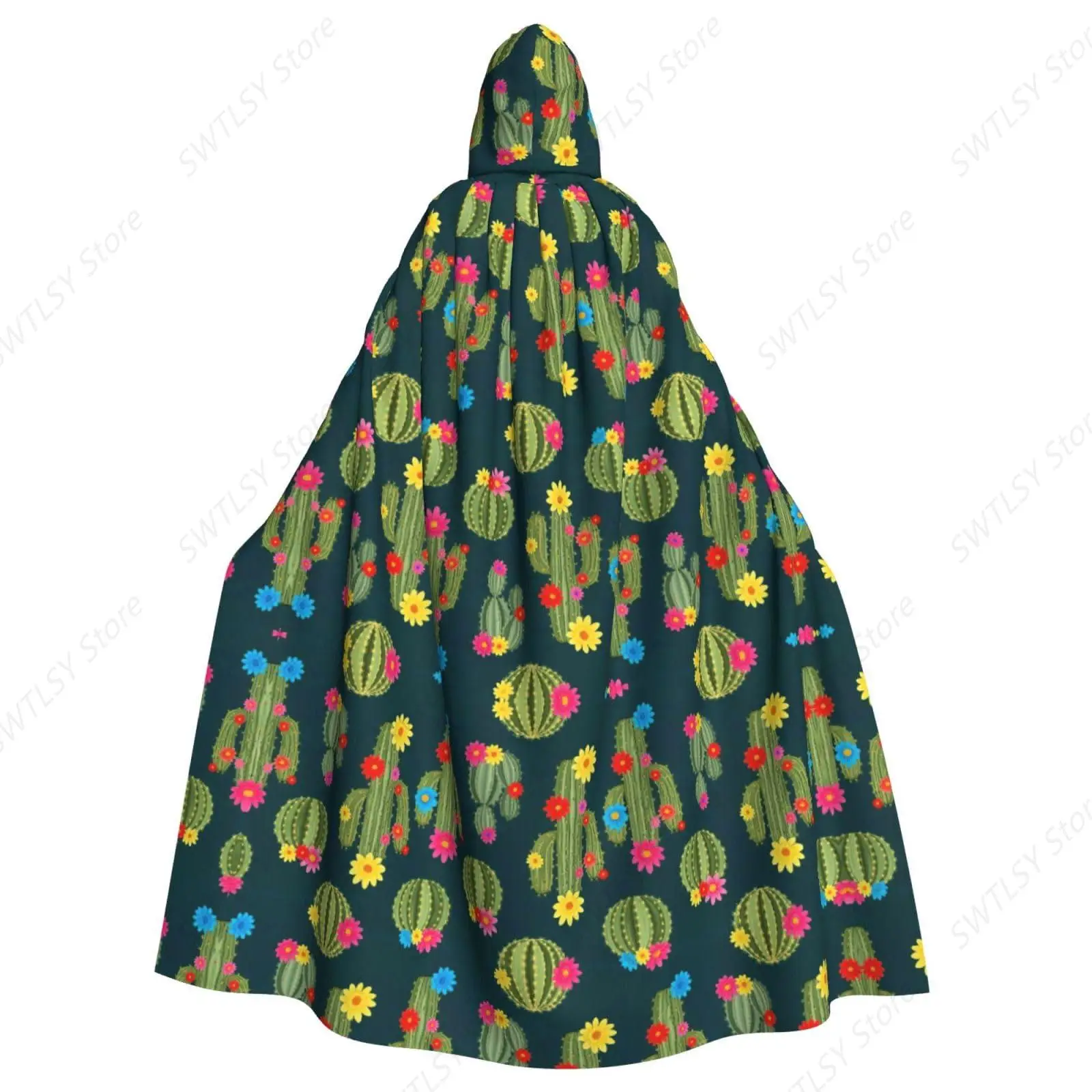 Adult Cactus Floral Bloom Flower Summer Tropical Watercolor Full Length Hoodie Dress Cloak for Halloween Witch Party Costume
