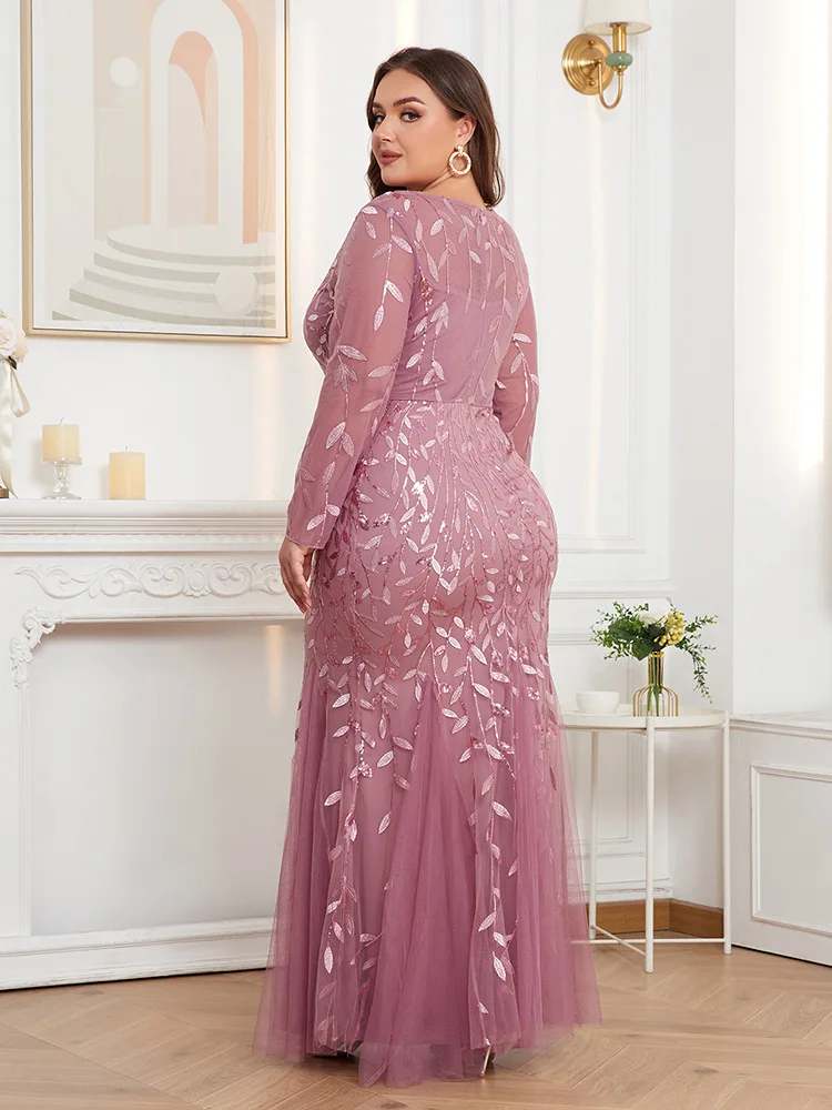 Plus Size Long Sleeve round Neck Fully Lined Back Zipper Fishtail Embroidered Evening Dress