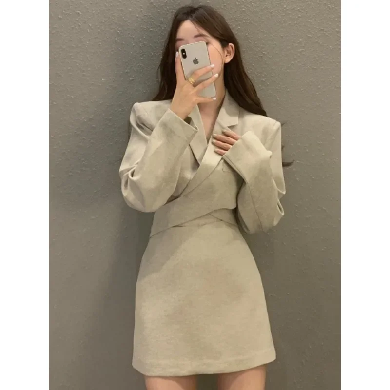 Jacket Skirt Two Piece Sets Long Sleeve V-neck Coat Suit Autumn+ Mini Skirts Korean Office 2pc Set Elegant Suit