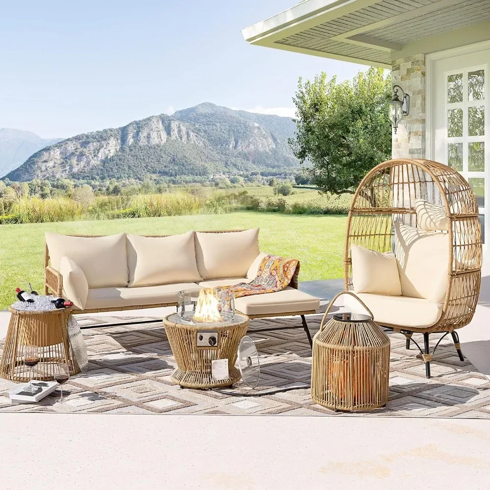 6 Piece  Outdoor Patio Furniture Sets with Round Propane Fire Pit Table & Ice Bucket Wicker Rope Woven Egg Chair Patio