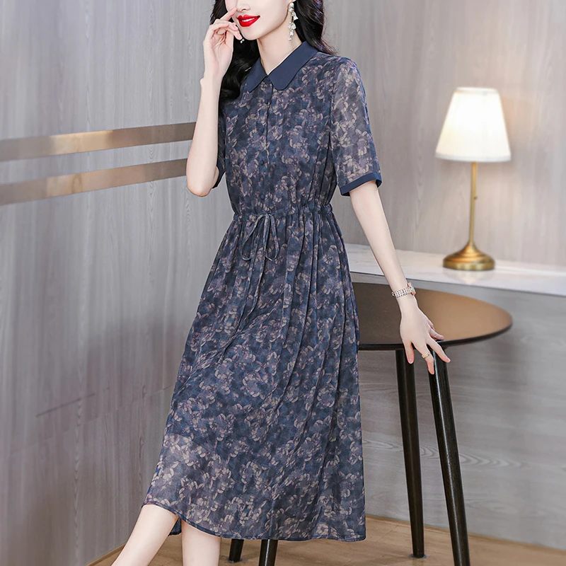 

2024Summer New Women's Silk Flower Printed Short sleeved Dress Polo Neck Loose Large Mesh Spliced Waist Length Knee Length Skirt