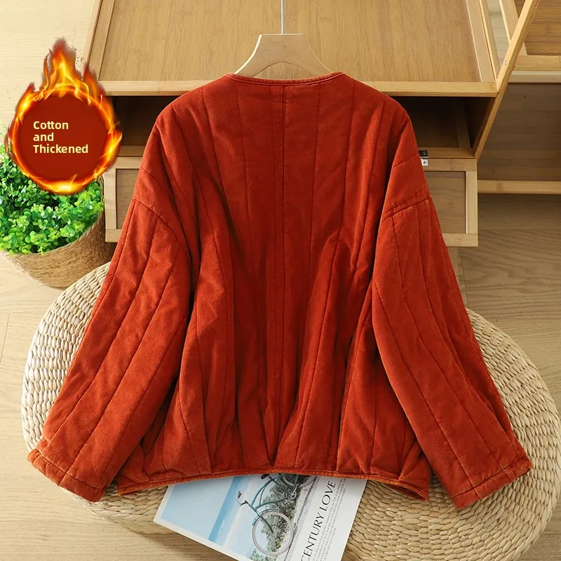 Retro Künstlerischer Vintage SLE Thiened Long Sve Cotton Jaet Pure Color Button-up-Mantel Kürbis-Design Cord-Knopfdetail