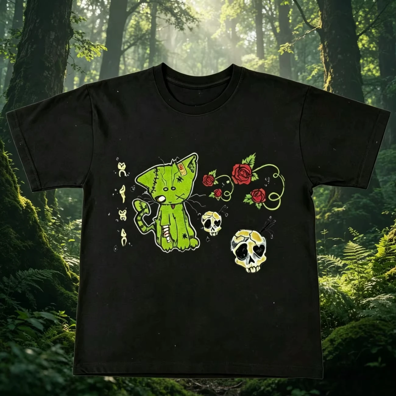 2026 New Summer Zombie Cat Skull & Rose Graphic T-Shirt, Unisex Y2K Dark Subculture Gothic Street Fashion Casual Tops