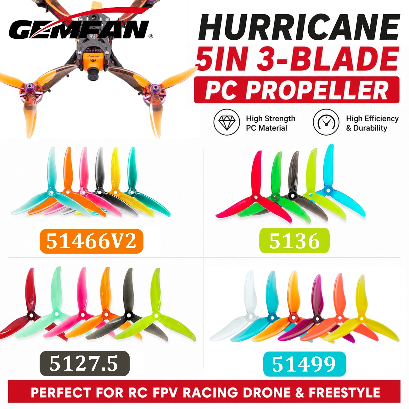 2Pairs Gemfan Hurricane 5in 3-Blade PC Propeller 51466 V2 /51499 /5136 /5127.5 /51433 for RC FPV Racing Drone Freestyle DIY Part