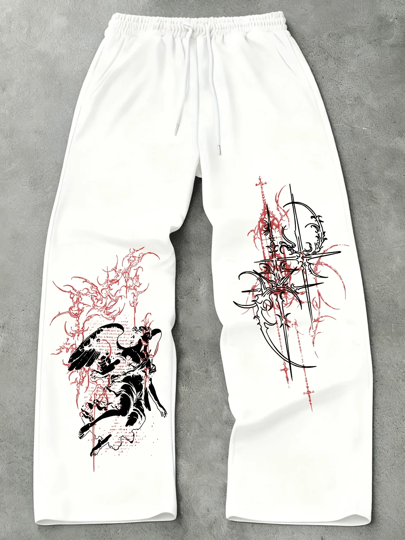 2627 Unisex Neue Gerade Jogginghose mit Gothic-Engel-Kreuz-Print, Lose Hose, Dark-Punk-Streetwear, Y2K, Lässige Lange Hose – Detail 5