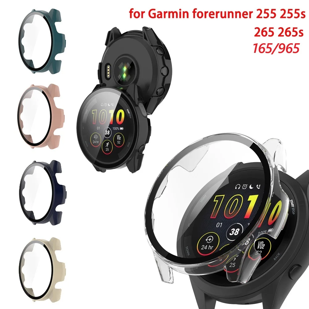 For Garmin Forerunner 255 255s 265 265s 165 Music 965 Hard PC Frame Bumper Cover Case + HD Slim Tempered Glass Anti-scratch