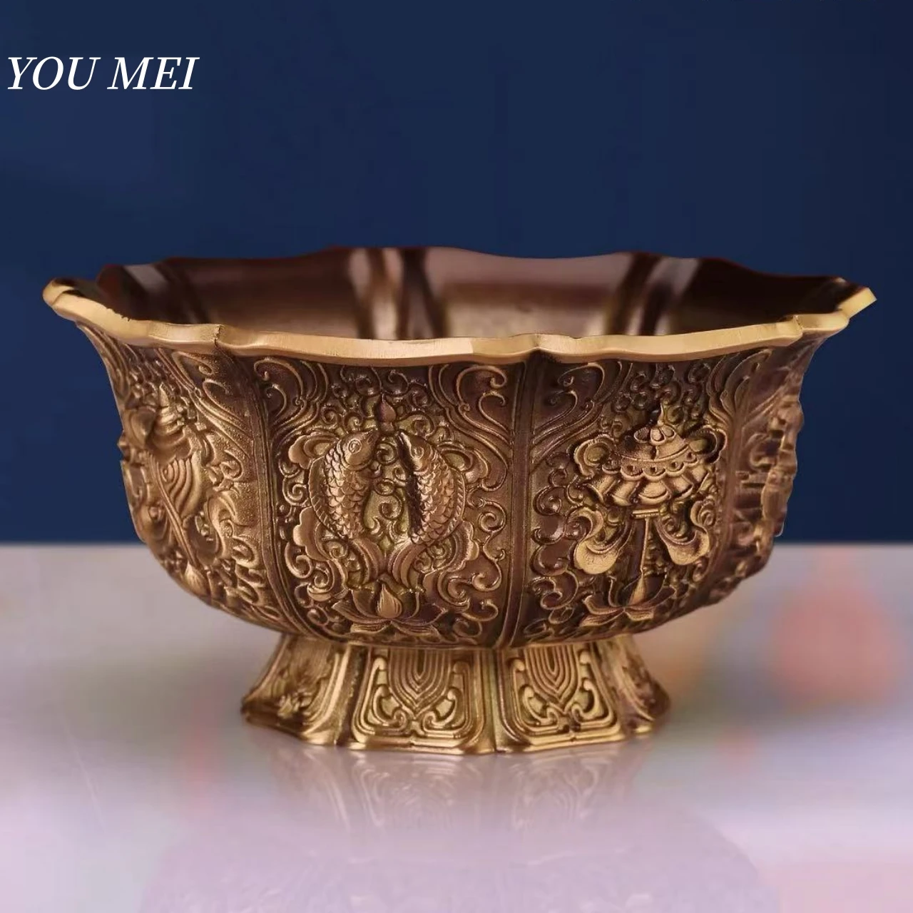 Tibetan Eight Auspicious Symbols Carved Brass Holy Altars Bowl,Tantric Indoor Desktop Water Cup,9 cm Sacred Bowl Buddhist Item