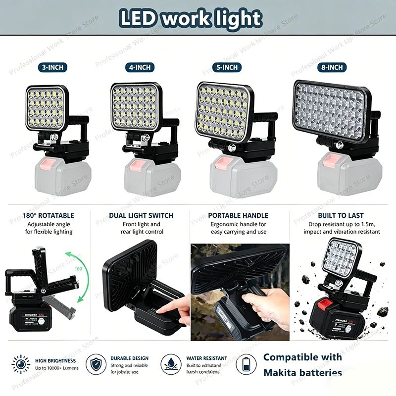 

Battery-powered flashlight, compatible with Makita 3-, 4-, 5-, and 8-inch LED work lights, with a handle, ideal for outdoor