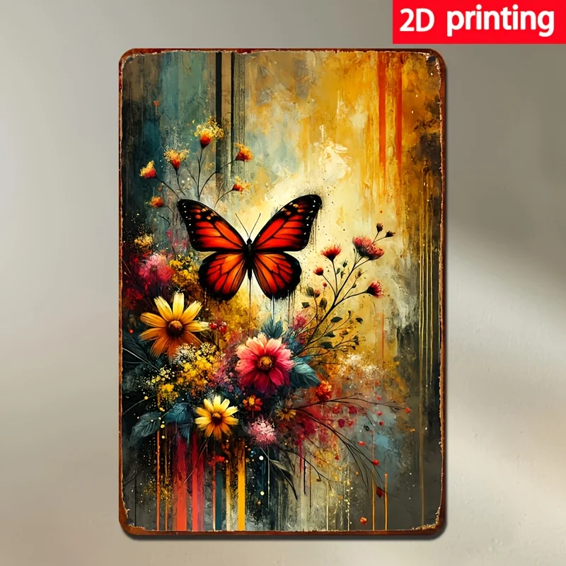 Room Decor 1pc Vintage Butterfly and Floral Metal Tin Sign, 20x30cm Iron Wall Art, Decorative Painting Plaque for Home, Bar, Caf