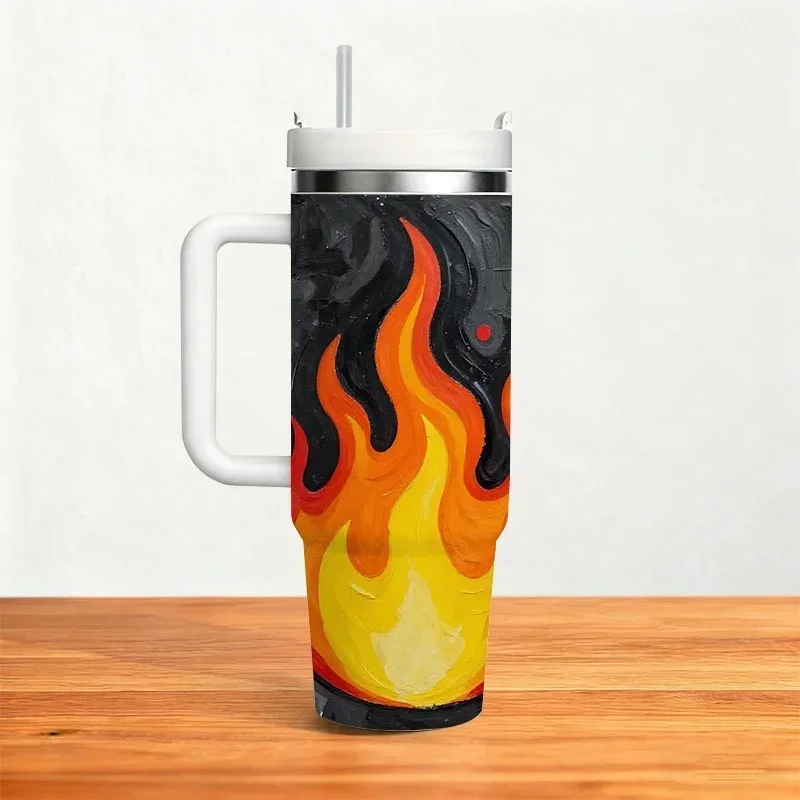 Vibrant Abstract Flame Digital Print 40oz Stainless Steel Insulated Tumbler, Bold Graphic Geometric Design in Yellow Orange Red & Black Tones, Leakproof Cold & Hot Drink Holder for Daily Commute, Office and Outdoor Use