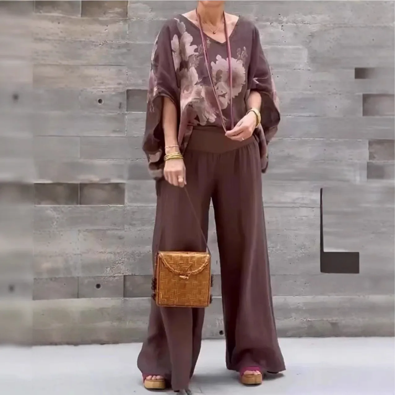 

Summer Fashion Casual Top Set Women Loose O-Neck Print Short Sleeve Blouse Long Pants Suit Women Clothing Two Pieces Set Outfits