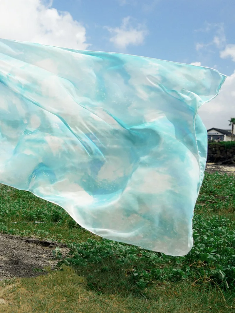 Ins Style Transparent Curtains for Living Room Gradient Chiffon Sky Watercolor Window Floating Balcony Sheer Light Drapes