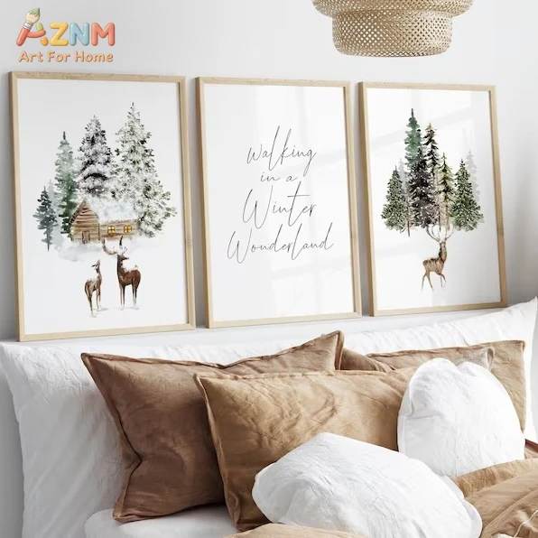 3pcsAZNM Watercolor Winter Wonderland Deer Pine Tree Cabin Canvas Wall Art Christmas Holiday Typography Nature Landscape Giclee