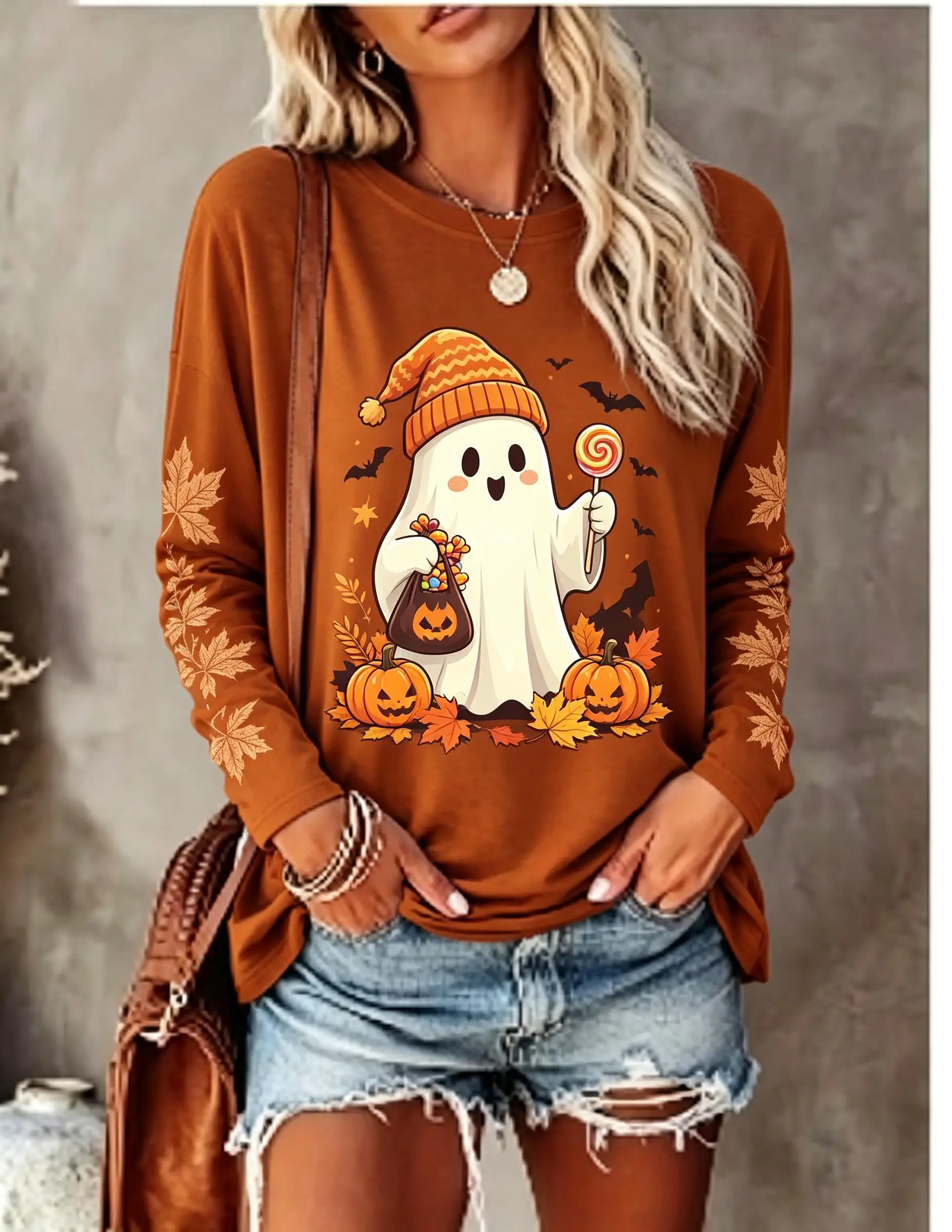 Women's Long Sleeve T-shirt Cute Christmas Ghost Gingerbread Man Coffee Print Crew Neck Casual Top