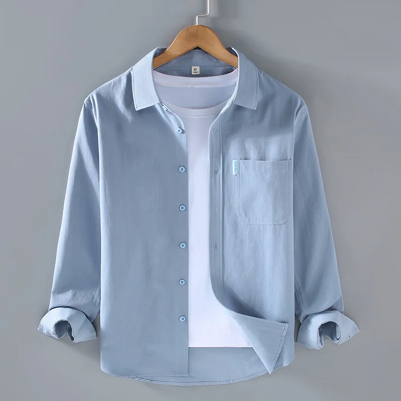 100% cotton long sleeve solid color shirt for men minimalist work wear Spring versatile loose fitting quality tops for cityboy