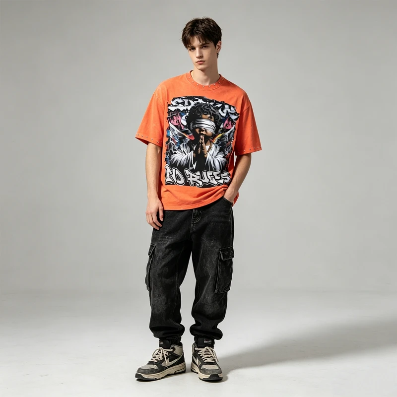 Übergroßes Orange Strass Washed T-Shirt mit Engelsflügeln und Graffiti Lustiges Grafik-T-Shirt für Männer und Frauen Sommer Lässiges Baumwoll-Kurzarm-Oberteil – Detail 4