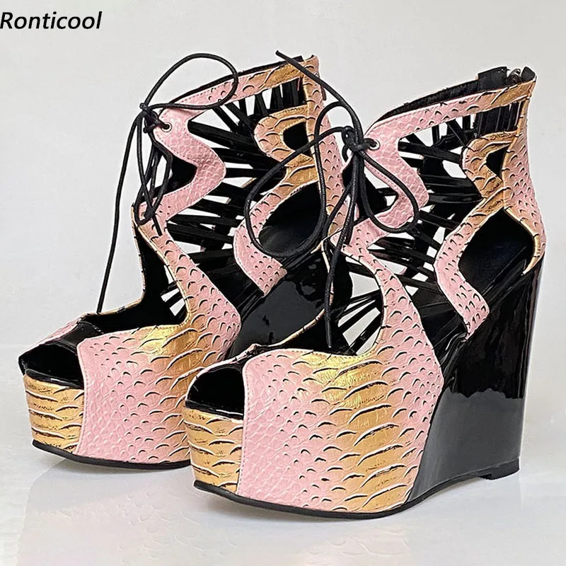 

Ronticool Handmade Women Sandals Crocodile Unisex Hollow Out Wedges Heels Peep Toe Beautiful Pink Night Club Shoes US Size 5-20