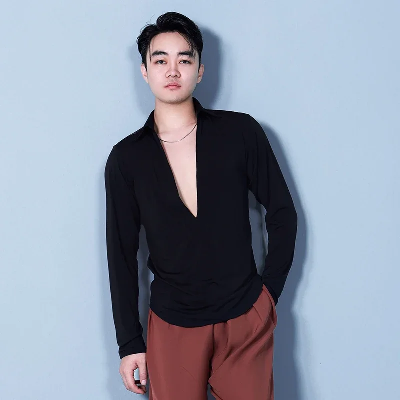 Tops de dança latina soltos homens roupas de dança de salão rumba cha cha prática de dança topos masculino roupas de competição latina dnv21776