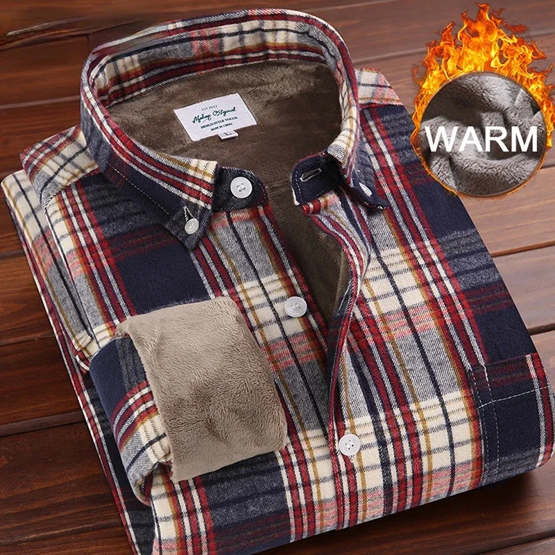 

New Men Winter Sanding Plaid Shirt Long Sleeved Turn-down Collar Cotton Casual Thick Warm Bottoming Shirts