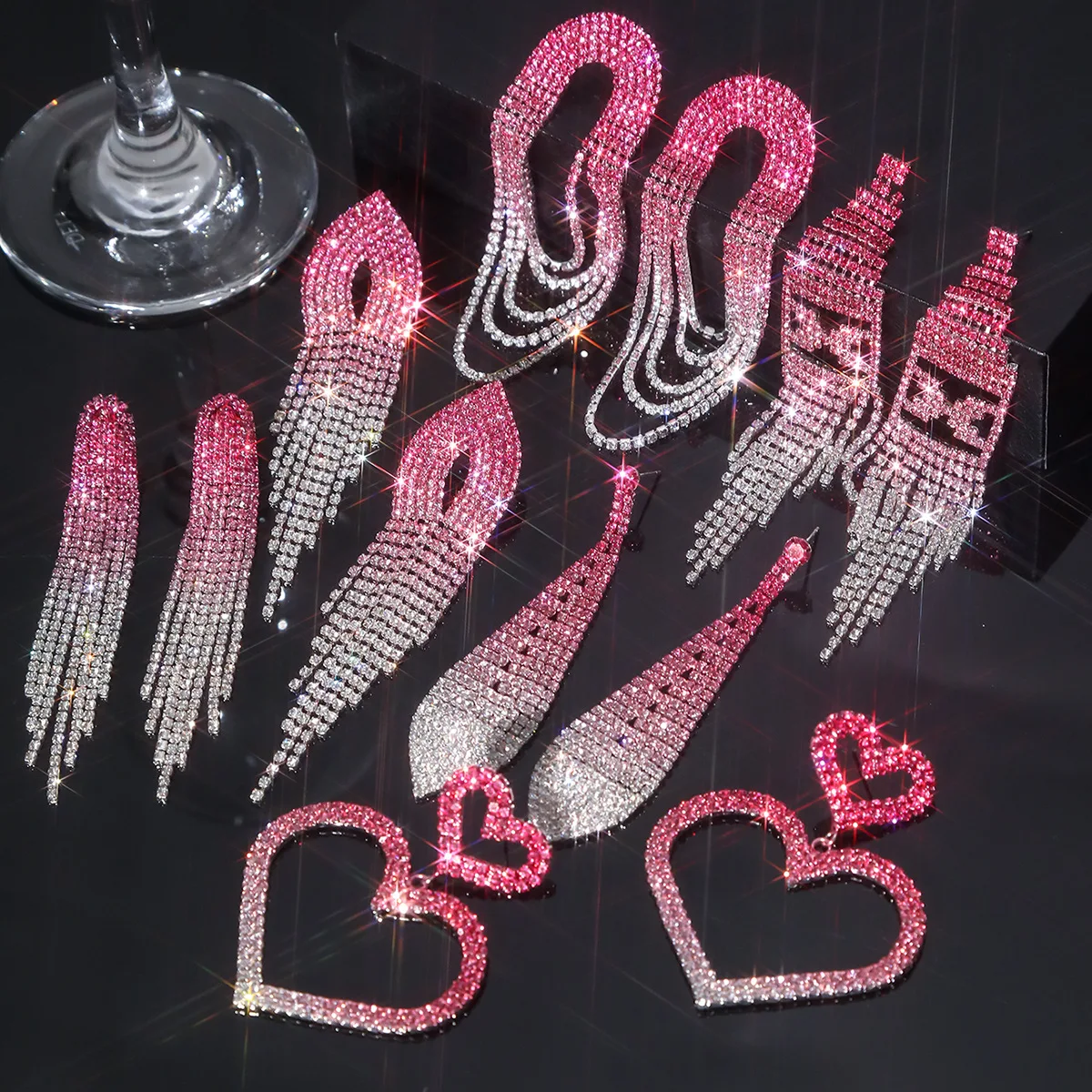 Rose pink gradual change series, luxury super flash rhinestone long fringed earrings women, fashion temperament stud earrings