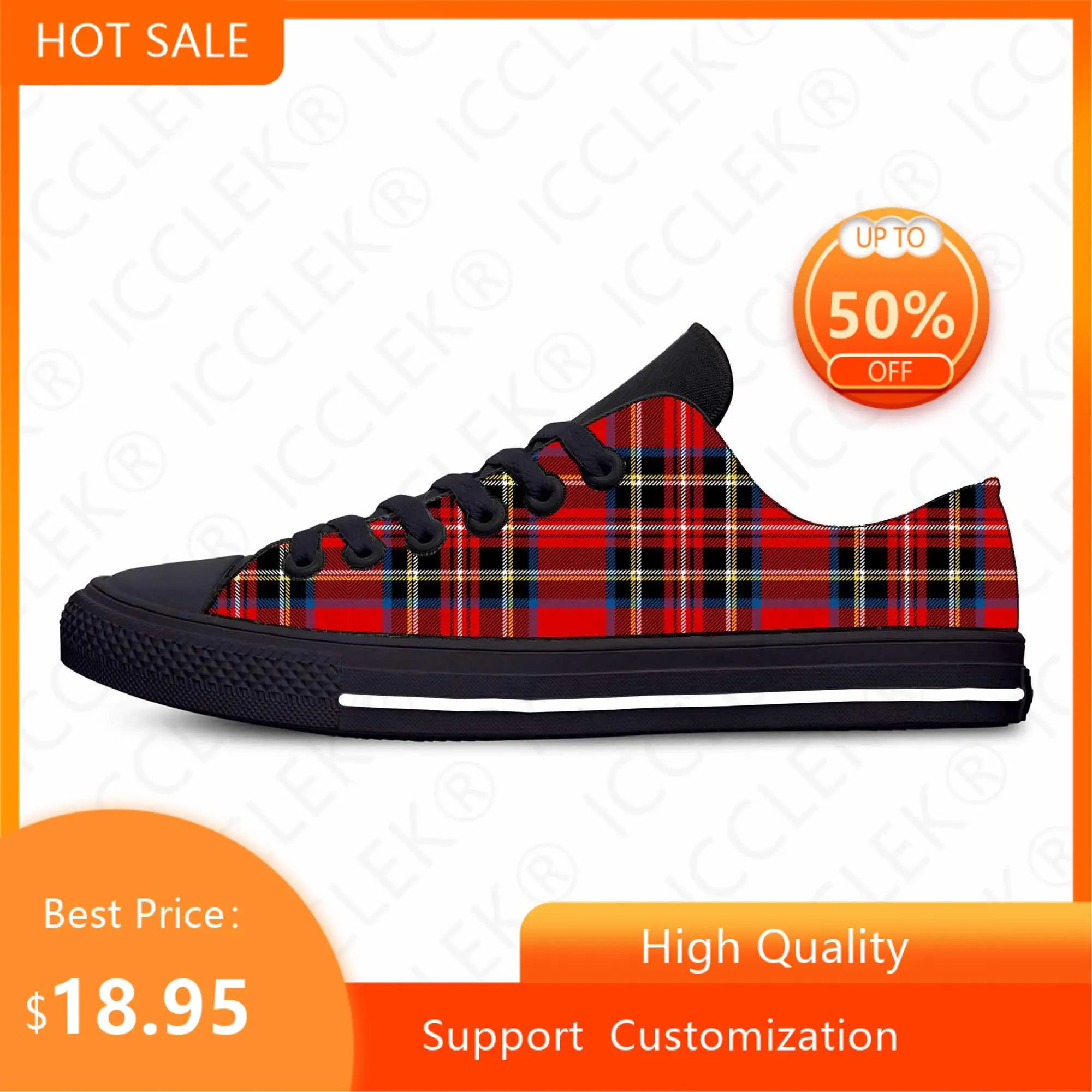 Sepatu Kain Kasual Lucu Kerajaan Kotak-kotak Tartan Klan Stewart Skotlandia Merah Sneakers Pria Wanita Gambar Cetak 3D Nyaman Atasan Rendah