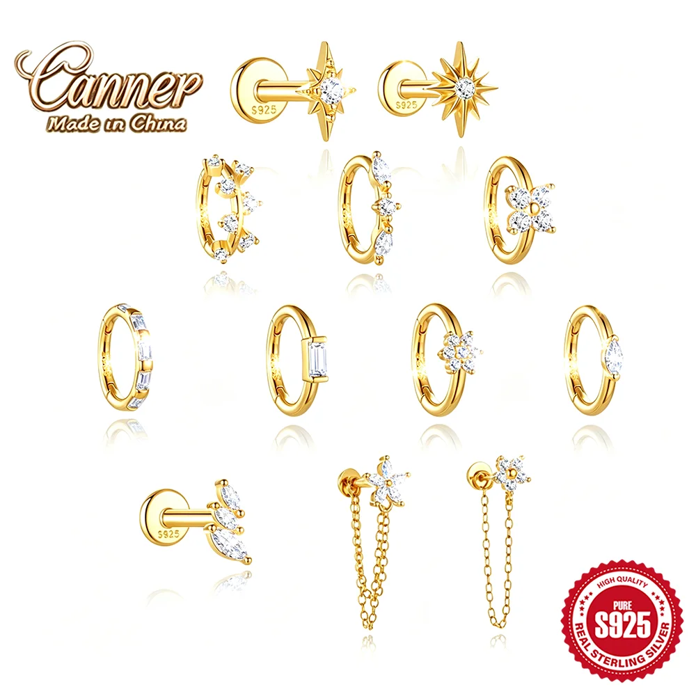 CANNER 925 Sterling Silver Gold Plated Star Flower CZ Hoop Piercing Set Tragus Cartilage Helix Stud Earrings Classic Dating Gift
