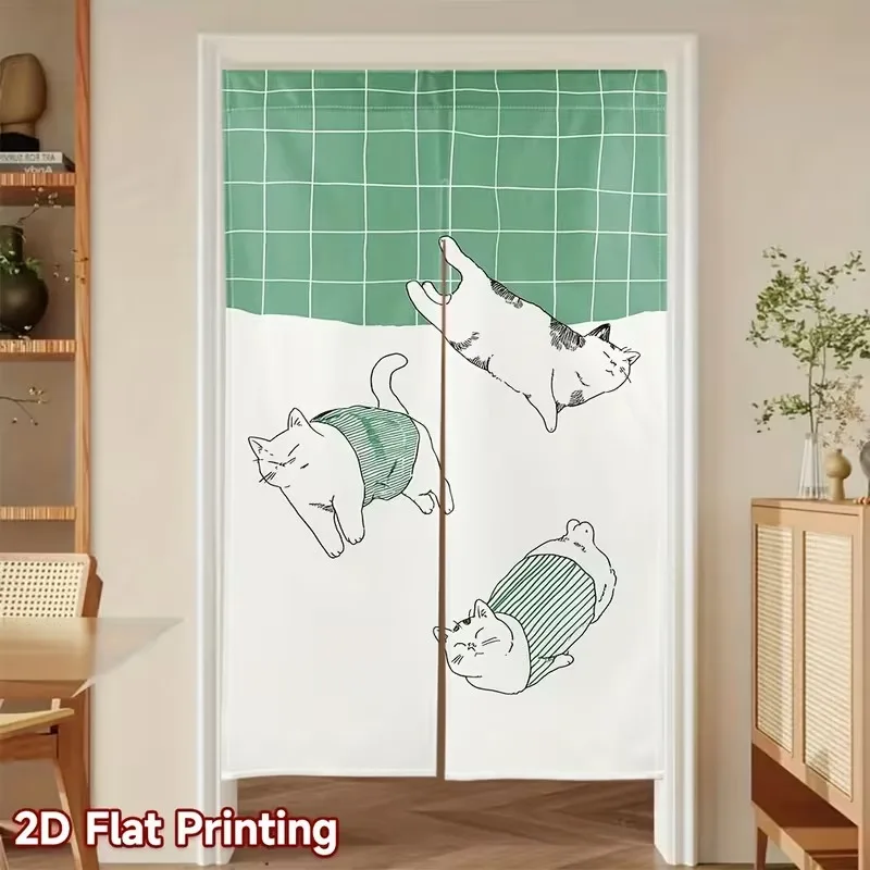 VIKAMA Cartoon Cat Half Curtain - Green Check Print Kitchen/Living Room Partition Curtain - Home Decoration