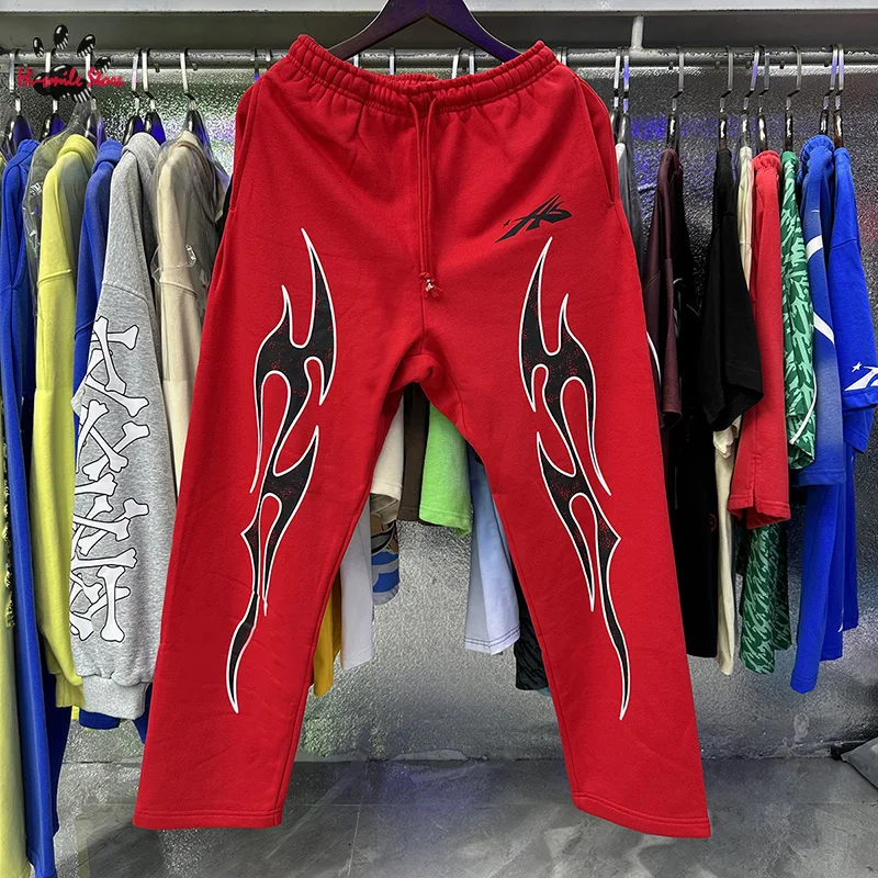 High Street Flame Printing New Joggers Sweatpants Men Woman Pants Cotton Black Red Loose Drawstring Trousers Hip Hop Casual