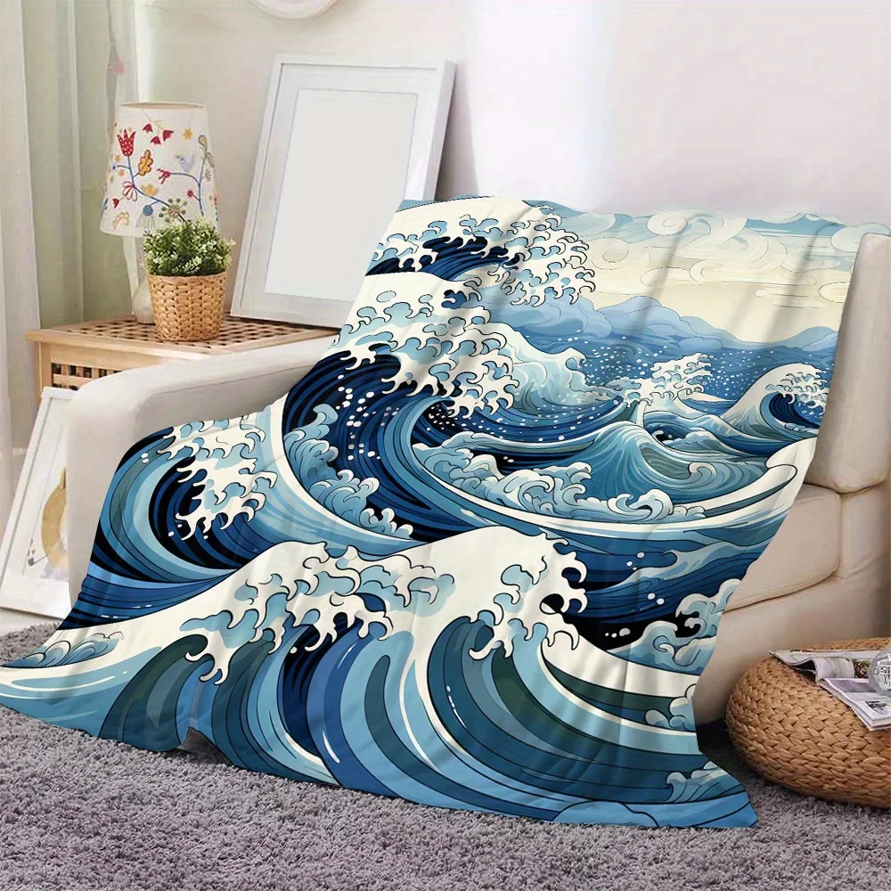 Luxurious Ocean Wave Flannel Throw Blanket - Cozy Digital Print of Hokusai's 