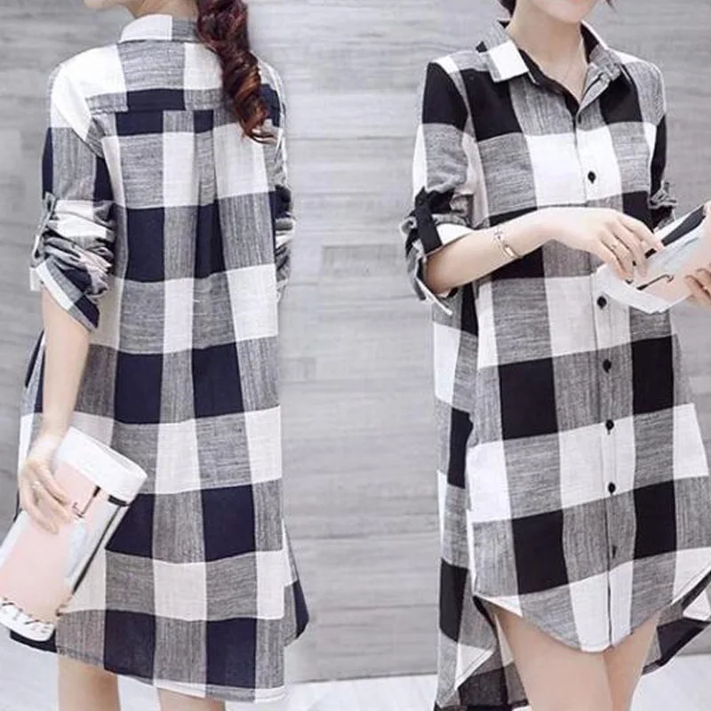 Spring Autumn Casual Fashion Turn-down Collar Plaid Shirt Women\'s Clothing New Loose Long Sleeve Button Irregular Blouse Female